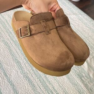 Brown Suede Clogs with Buckle